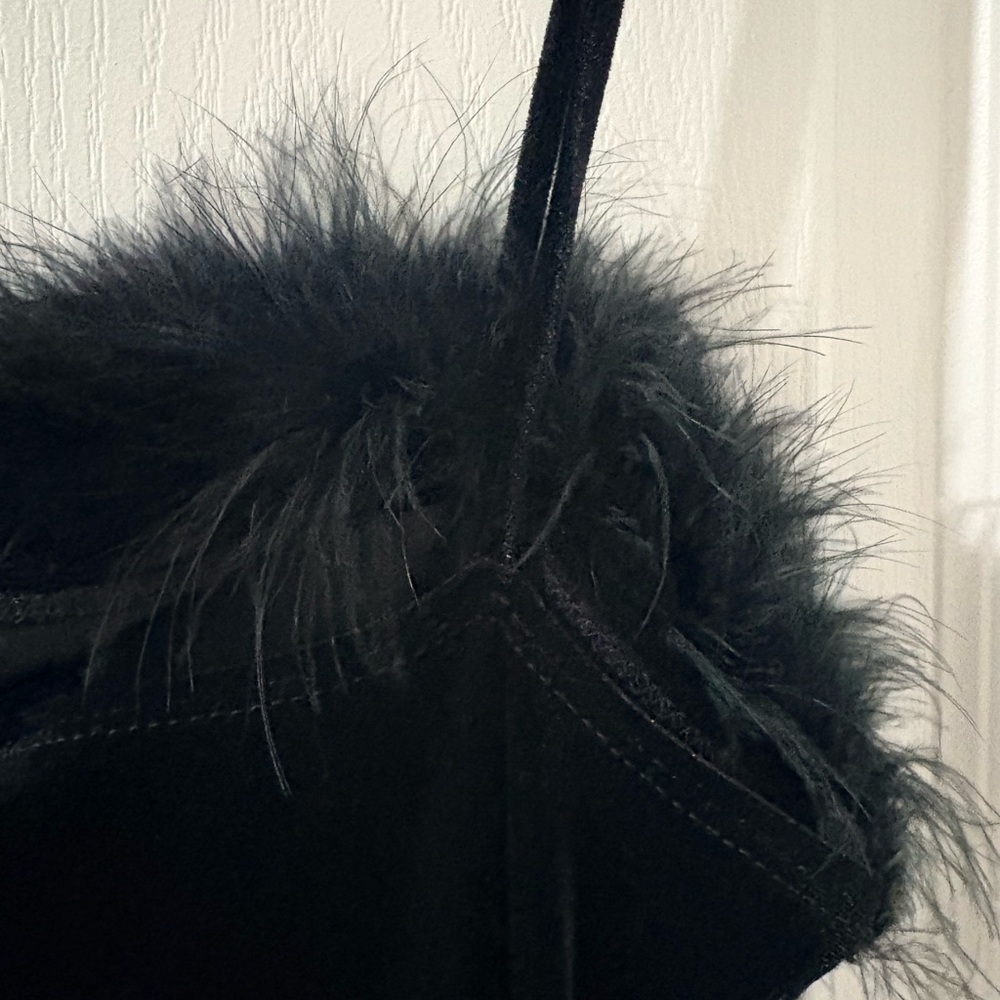 Black Velvet Feather Trim Slip Dress – Spaghetti Straps – Party / Cocktail - Picture 9 of 9